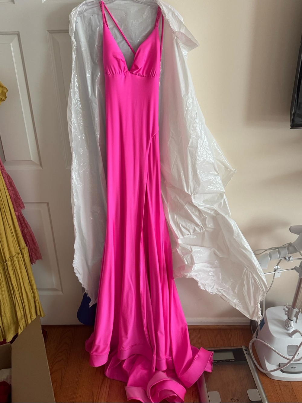 Fuchsia V-Neck Spaghetti-Strap Prom Gown